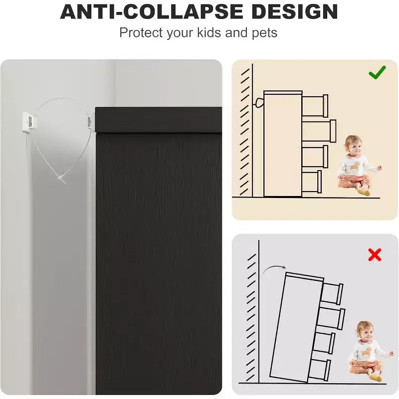 Cassettiera Nera a 4 Cassetti con Maniglie Integrate, Mobile Contenitore in Legno MDF