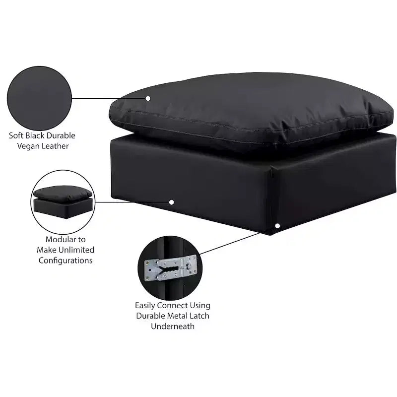 Pouf quadrato in pelle vegana nera, gambe color espresso – Posti a sedere: 1