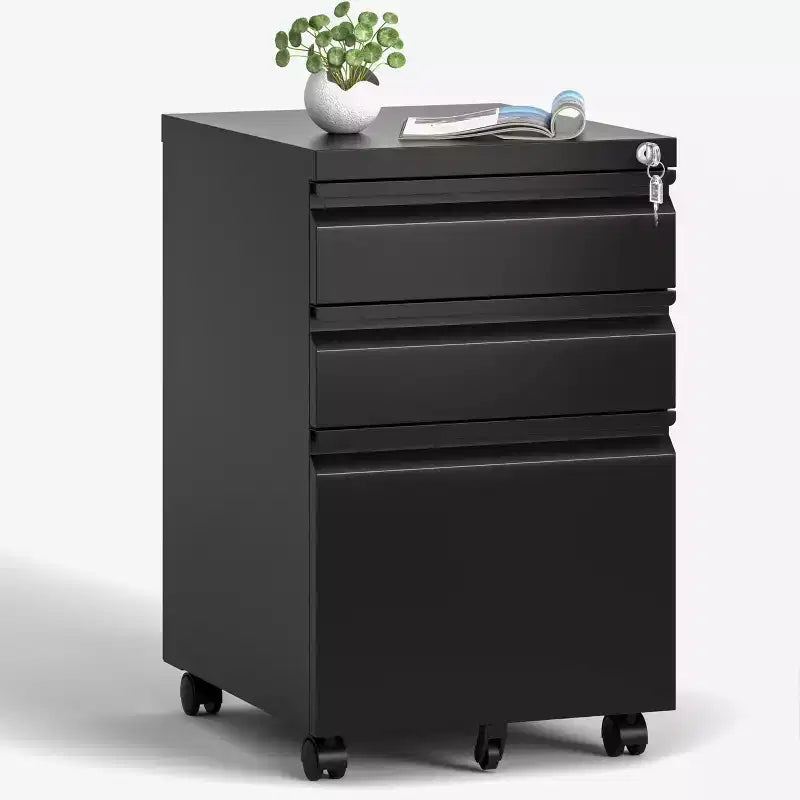 VIYET 14.69 3-Drawer Mobile File Cabinet with Lock, Fully Assembled Black Metal Filing Cabinet for Home Office, Fits Letter/Legal/A4