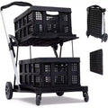 COZONY Folding Office Utility Cart with Wheels  2-Tier Heavy Duty Rolling Organizer  Collapsible Multipurpose Trolley  Black, 2 Cargo Boxes