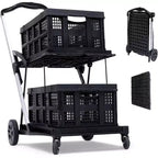 COZONY Folding Office Utility Cart with Wheels  2-Tier Heavy Duty Rolling Organizer  Collapsible Multipurpose Trolley  Black, 2 Cargo Boxes