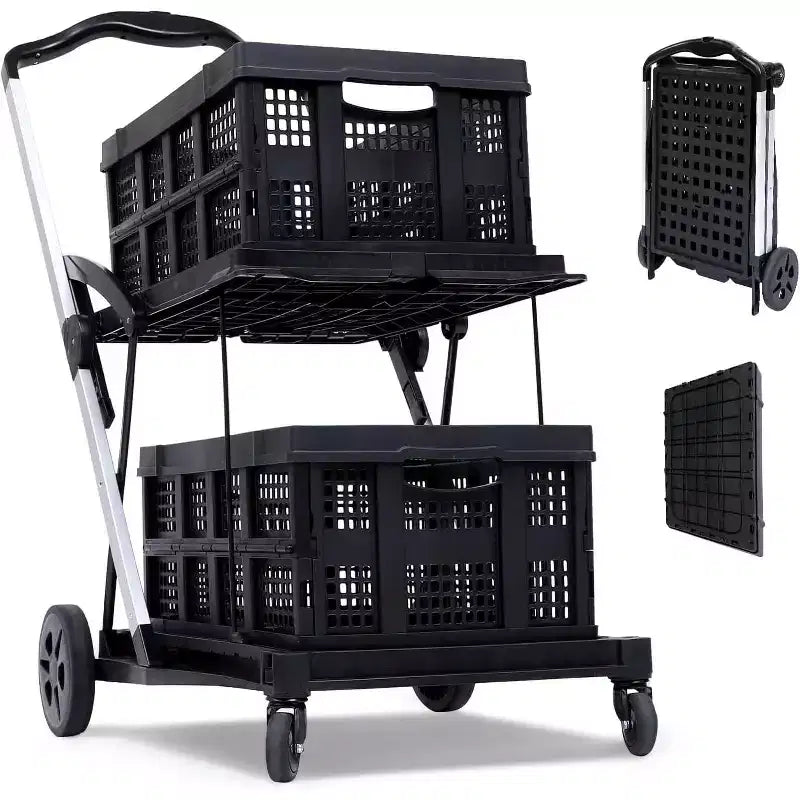 COZONY Folding Office Utility Cart with Wheels  2-Tier Heavy Duty Rolling Organizer  Collapsible Multipurpose Trolley  Black, 2 Cargo Boxes