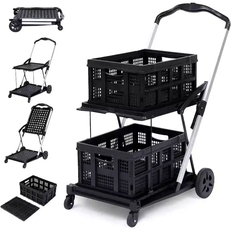 Carrello di utilità pieghevole nero a 2 ripiani con ruote, 1 persona, 2 scatole di carico