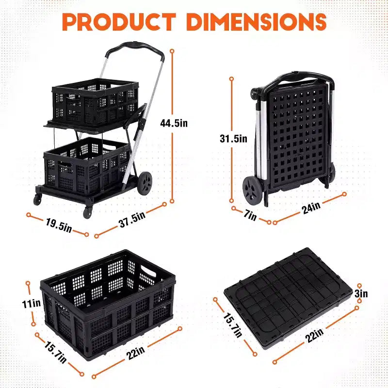 Carrello di utilità pieghevole nero a 2 ripiani con ruote, 1 persona, 2 scatole di carico