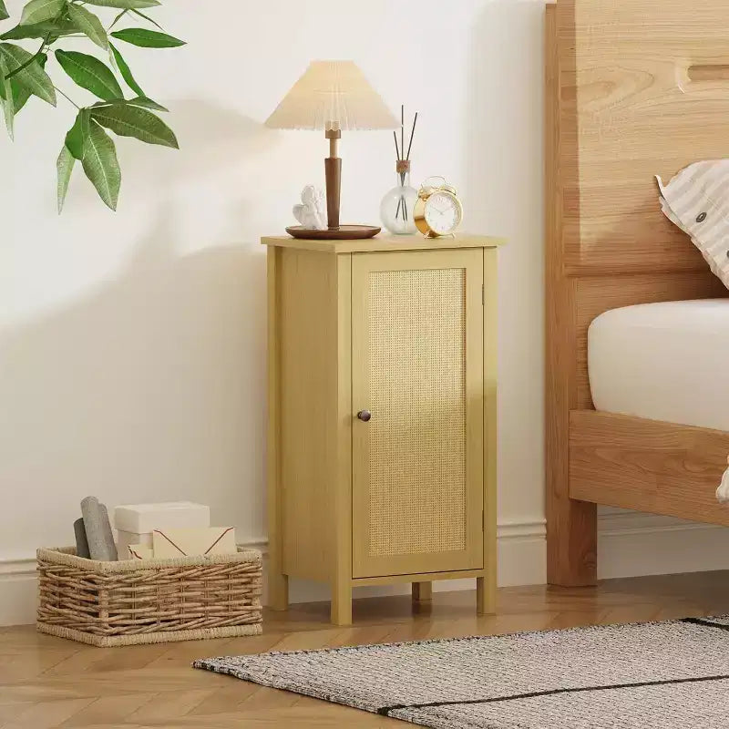 Comodino con anta in rattan nero/beige, comodino singolo con armadietto contenitore