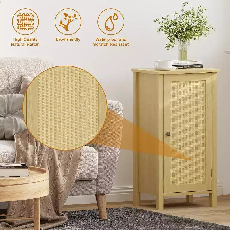 Comodino con anta in rattan nero/beige, comodino singolo con armadietto contenitore