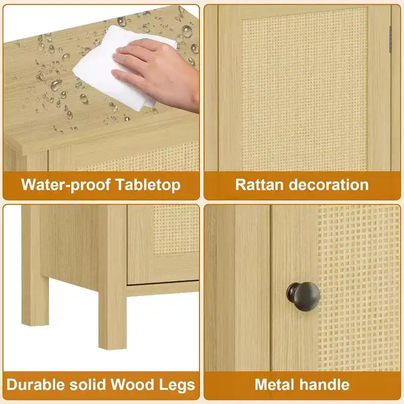 Comodino con anta in rattan nero/beige, comodino singolo con armadietto contenitore