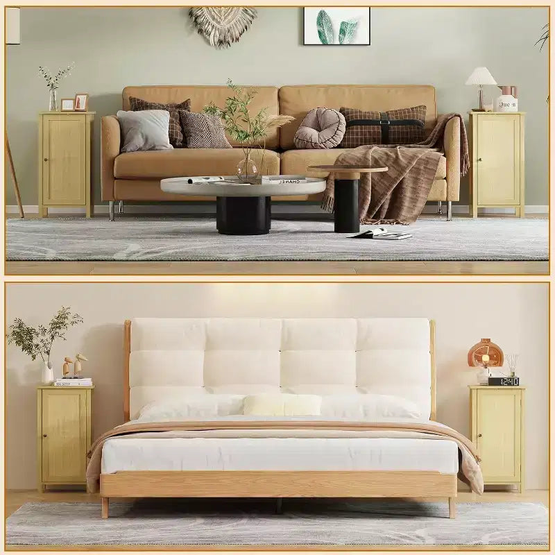 Comodino con anta in rattan nero/beige, comodino singolo con armadietto contenitore