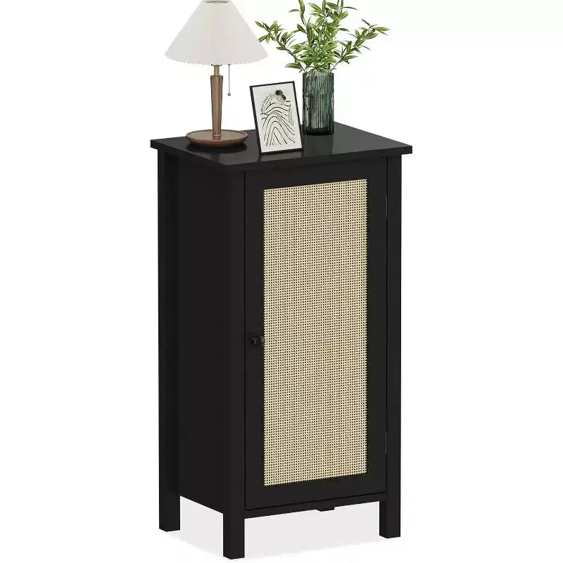 Comodino con anta in rattan nero/beige, comodino singolo con armadietto contenitore