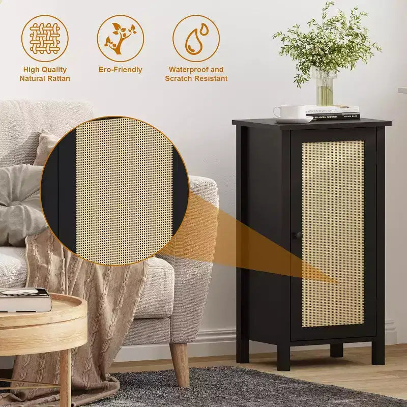 Comodino con anta in rattan nero/beige, comodino singolo con armadietto contenitore