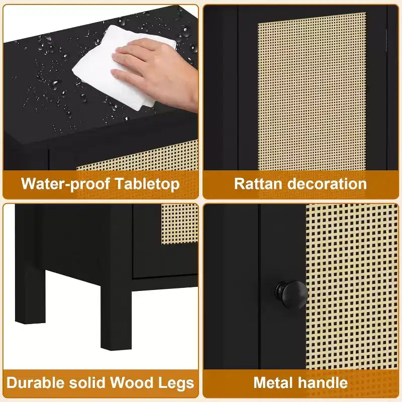 Comodino con anta in rattan nero/beige, comodino singolo con armadietto contenitore