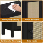 Comodino con anta in rattan nero/beige, comodino singolo con armadietto contenitore