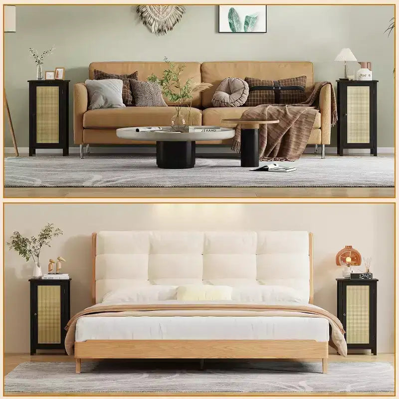 Comodino con anta in rattan nero/beige, comodino singolo con armadietto contenitore