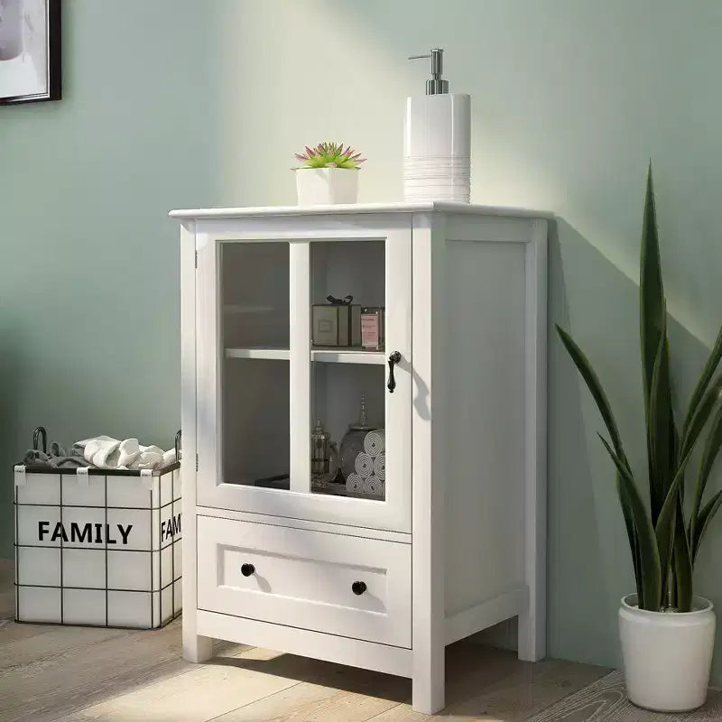 Credenza con ante in vetro e maniglia a campana, 1-2 ante, colore bianco