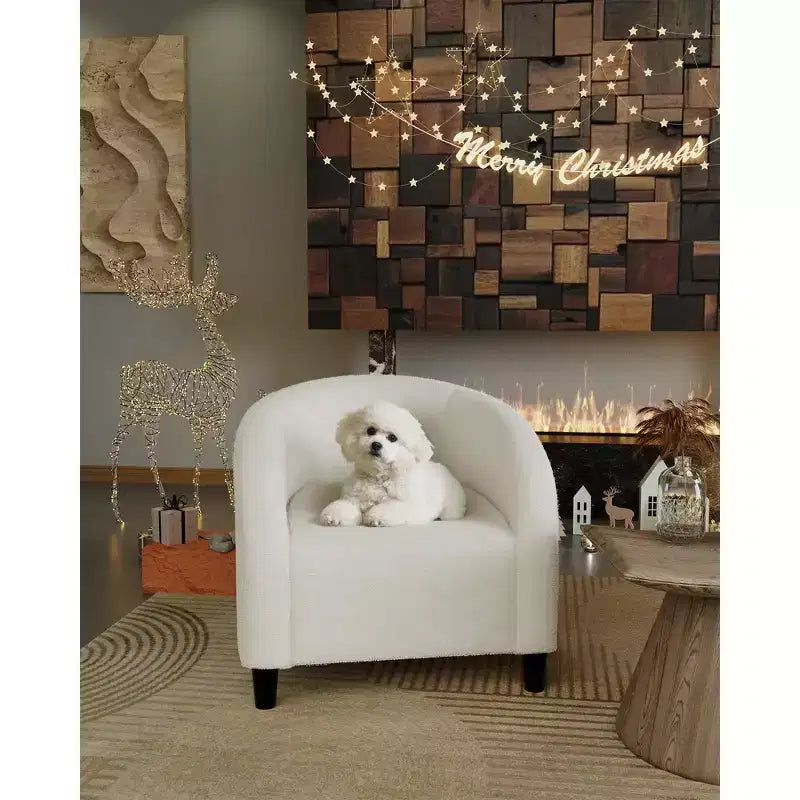 Poltrona a barilotto in tessuto bouclé nei colori nero/grigio scuro/bianco/giallo, con seduta singola