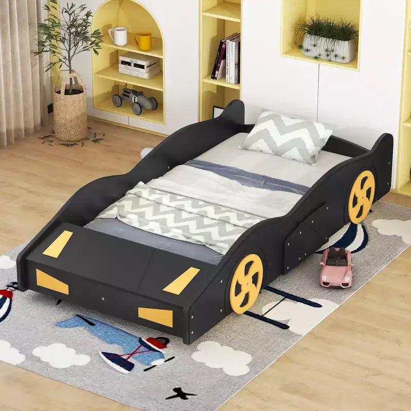 Letto a piattaforma a forma di auto da corsa nero/blu scuro con contenitore – Twin/Full
