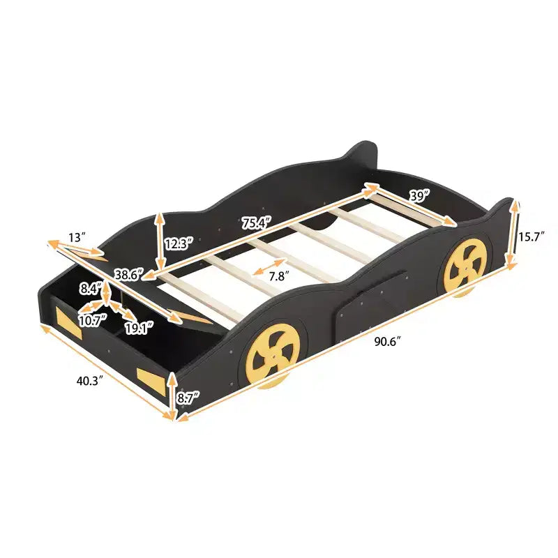 Letto a piattaforma a forma di auto da corsa nero/blu scuro con contenitore – Twin/Full