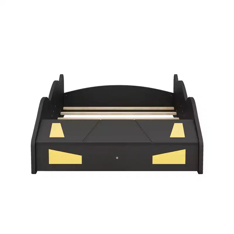 Letto a piattaforma a forma di auto da corsa nero/blu scuro con contenitore – Twin/Full
