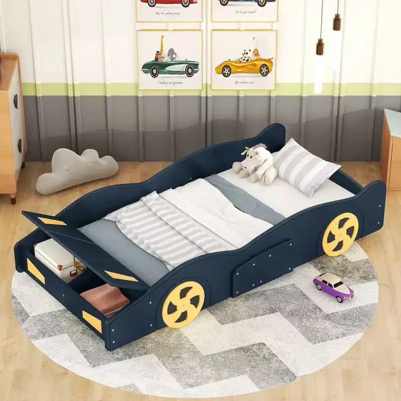 Letto a piattaforma a forma di auto da corsa nero/blu scuro con contenitore – Twin/Full