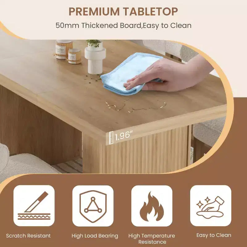 Grigio / Legno naturale / Marrone nocciola | Tavolo da pranzo rettangolare, 6–8 posti, con vano contenitore e gambe scanalate