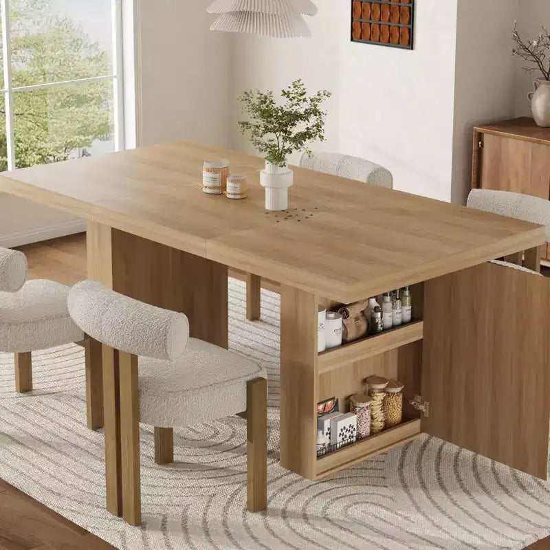Grigio / Legno naturale / Marrone nocciola | Tavolo da pranzo rettangolare, 6–8 posti, con vano contenitore e gambe scanalate