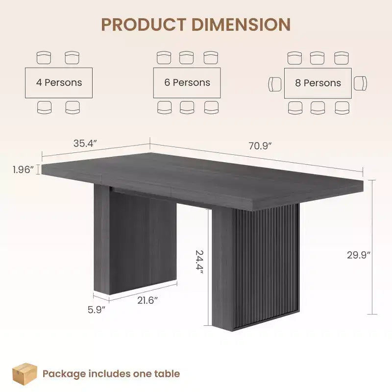 Grigio / Legno naturale / Marrone nocciola | Tavolo da pranzo rettangolare, 6–8 posti, con vano contenitore e gambe scanalate