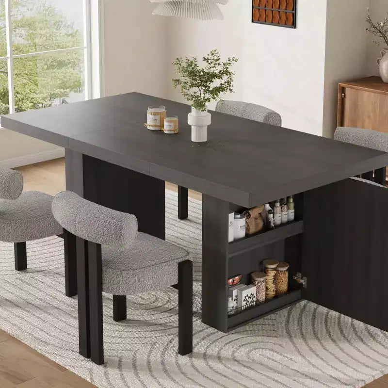 Grigio / Legno naturale / Marrone nocciola | Tavolo da pranzo rettangolare, 6–8 posti, con vano contenitore e gambe scanalate