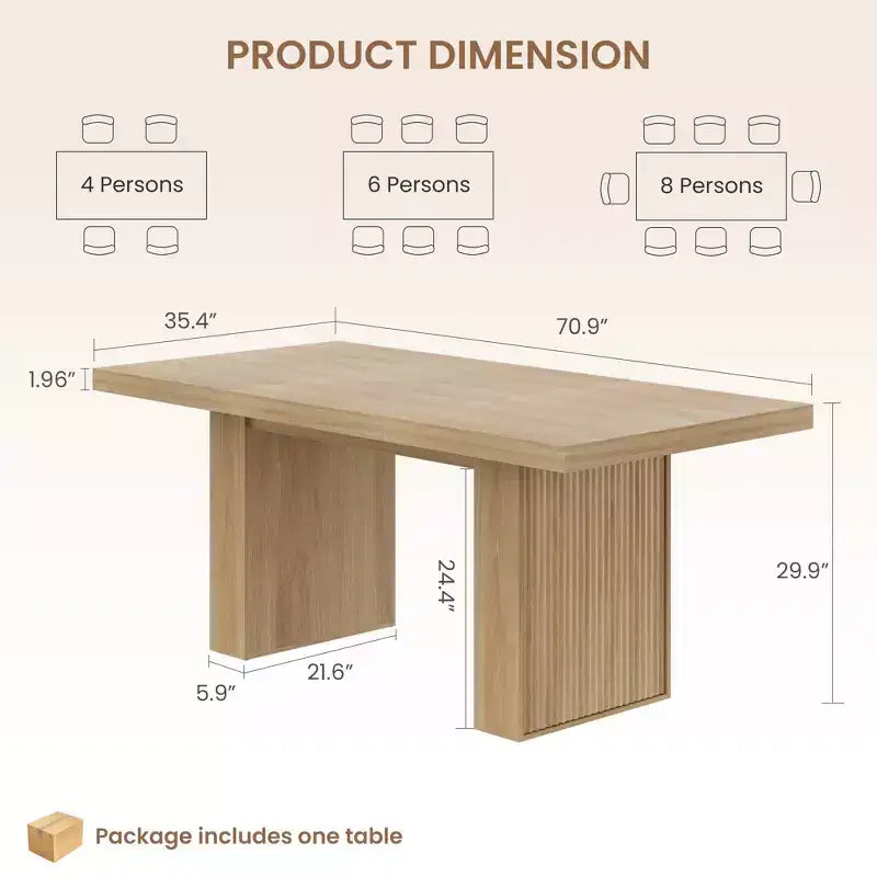Grigio / Legno naturale / Marrone nocciola | Tavolo da pranzo rettangolare, 6–8 posti, con vano contenitore e gambe scanalate