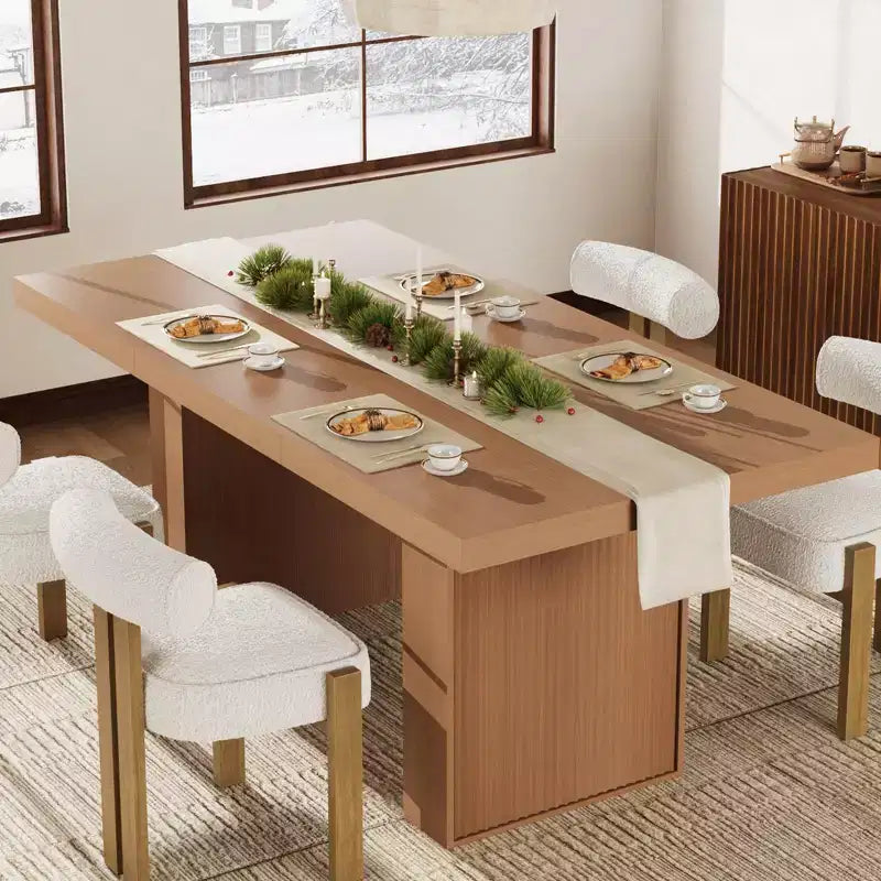 Grigio / Legno naturale / Marrone nocciola | Tavolo da pranzo rettangolare, 6–8 posti, con vano contenitore e gambe scanalate