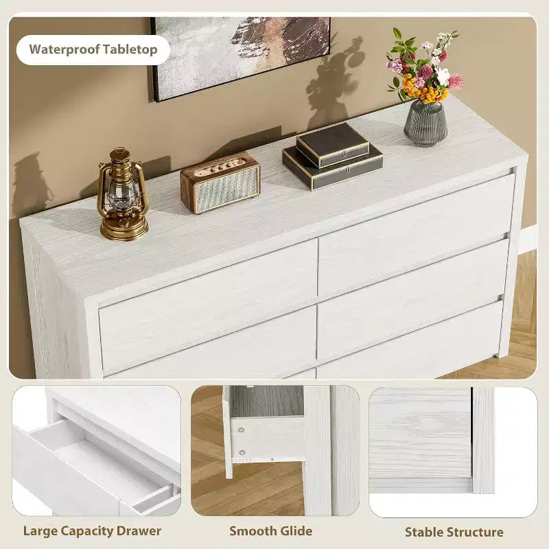 Cassettiera a 6 cassetti, senza maniglie | Bianco/Legno | Adatta per 1 persona