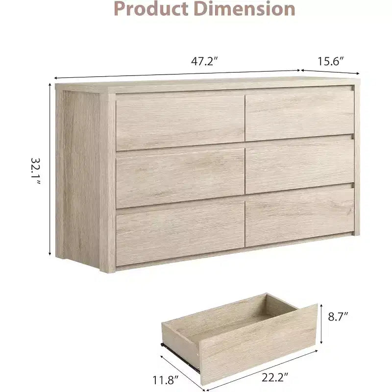 Cassettiera a 6 cassetti, senza maniglie | Bianco/Legno | Adatta per 1 persona