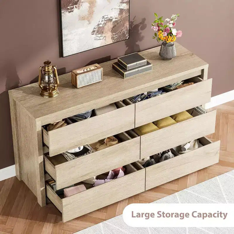 Cassettiera a 6 cassetti, senza maniglie | Bianco/Legno | Adatta per 1 persona