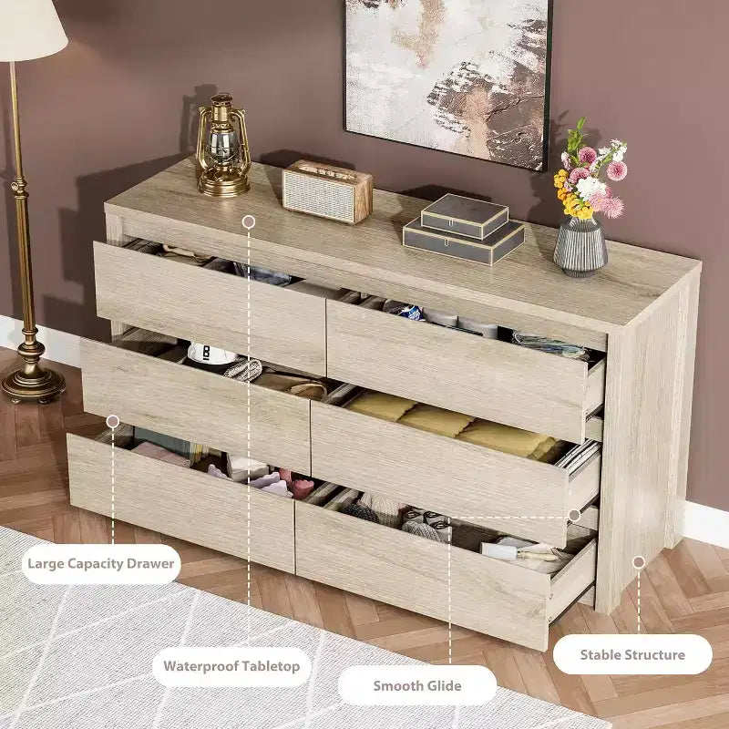 Cassettiera a 6 cassetti, senza maniglie | Bianco/Legno | Adatta per 1 persona