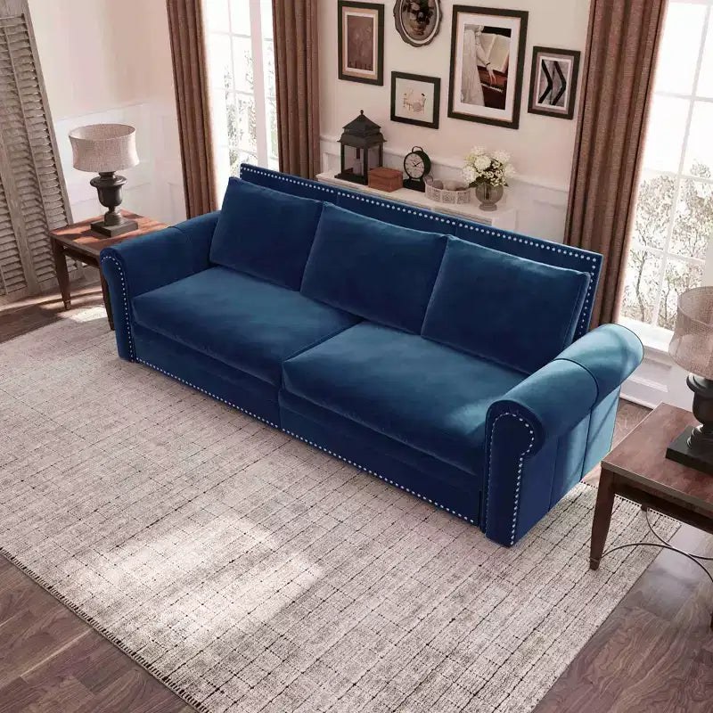 Divano letto trasformabile in velluto blu – 3-in-1, 3 posti a sedere / 2 posti letto