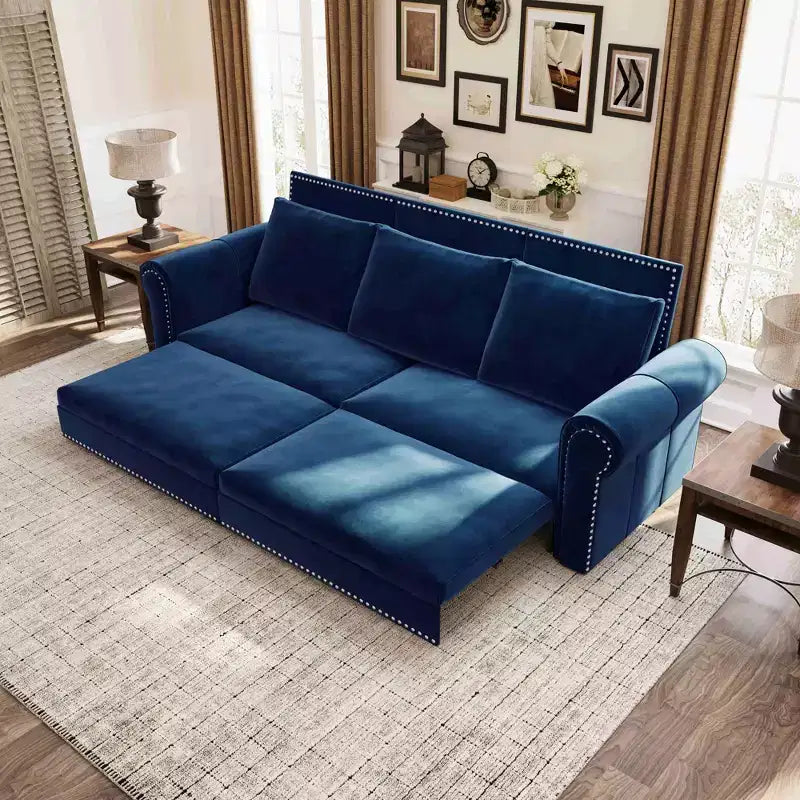 Divano letto trasformabile in velluto blu – 3-in-1, 3 posti a sedere / 2 posti letto