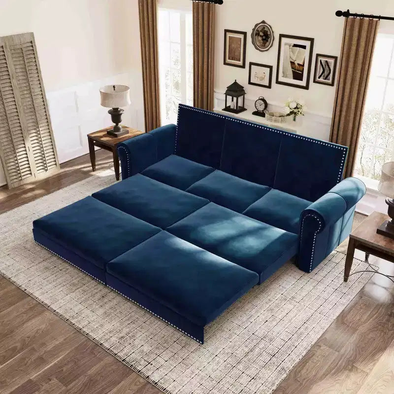 Divano letto trasformabile in velluto blu – 3-in-1, 3 posti a sedere / 2 posti letto