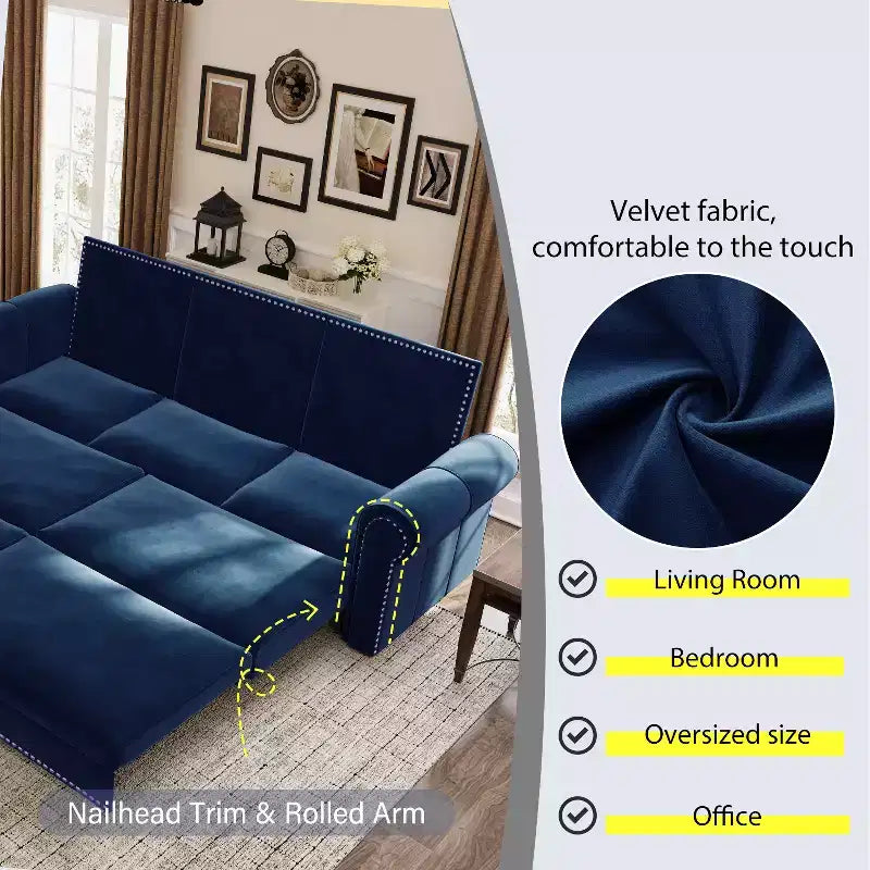 Divano letto trasformabile in velluto blu – 3-in-1, 3 posti a sedere / 2 posti letto