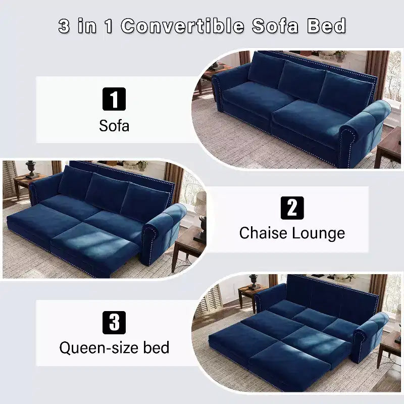 Divano letto trasformabile in velluto blu – 3-in-1, 3 posti a sedere / 2 posti letto