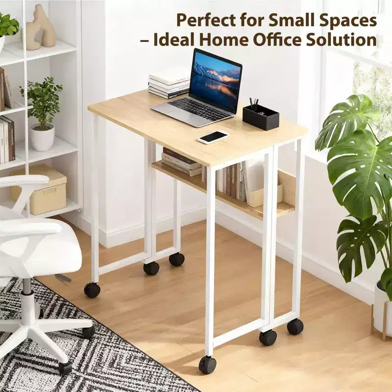 Scrivania pieghevole con rotelle con ripiano portaoggetti, 1 persona, nera/marrone/bianca