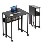 Small Folding Desk with Rolling and Storage Shelf, Foldable Computer Table with Wheels, Portable Office Desk for Small Space, Sofa Table