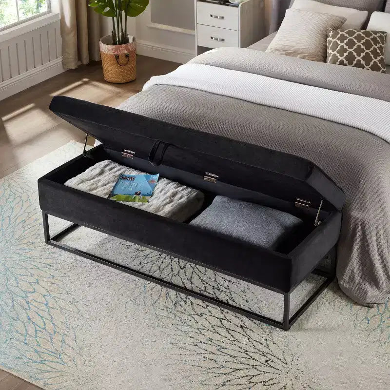 Panca Contenitore Ottomana in Velluto Beige / Nero / Grigio / Blu Marino / Rosa, Monoposto, 148,8 cm