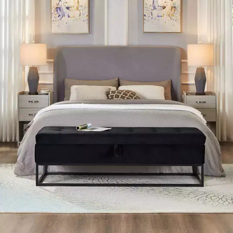 Panca Contenitore Ottomana in Velluto Beige / Nero / Grigio / Blu Marino / Rosa, Monoposto, 148,8 cm