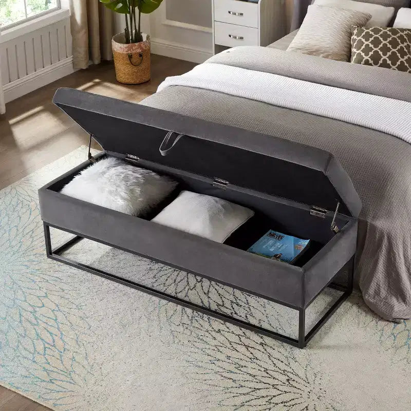 Panca Contenitore Ottomana in Velluto Beige / Nero / Grigio / Blu Marino / Rosa, Monoposto, 148,8 cm