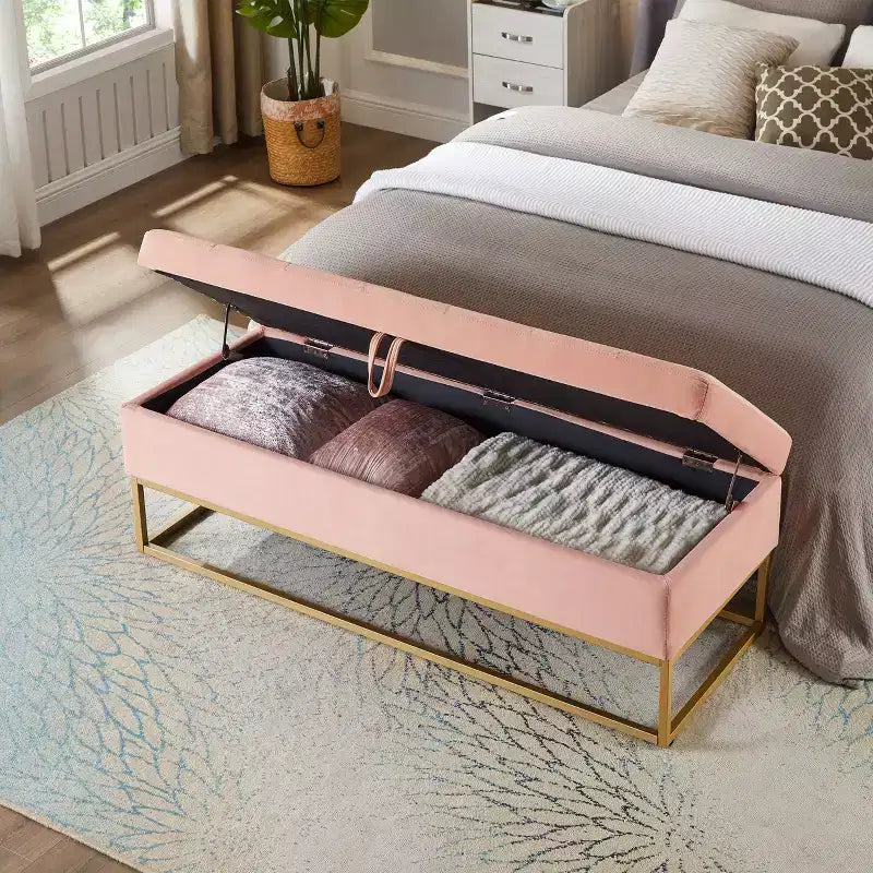 Panca Contenitore Ottomana in Velluto Beige / Nero / Grigio / Blu Marino / Rosa, Monoposto, 148,8 cm
