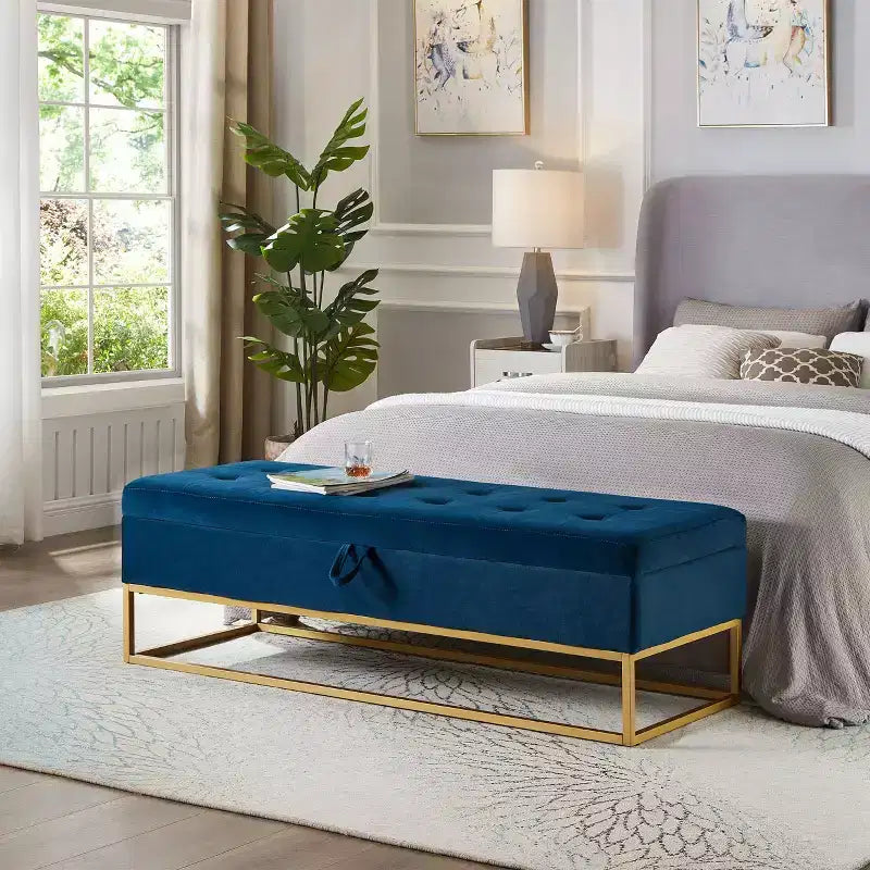 Panca Contenitore Ottomana in Velluto Beige / Nero / Grigio / Blu Marino / Rosa, Monoposto, 148,8 cm