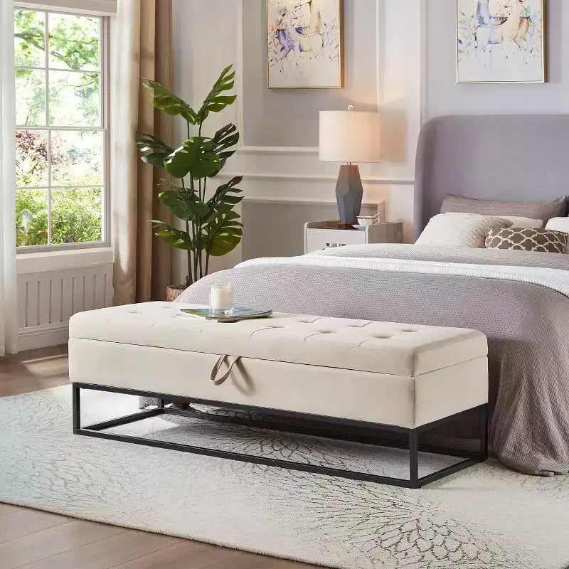 Panca Contenitore Ottomana in Velluto Beige / Nero / Grigio / Blu Marino / Rosa, Monoposto, 148,8 cm