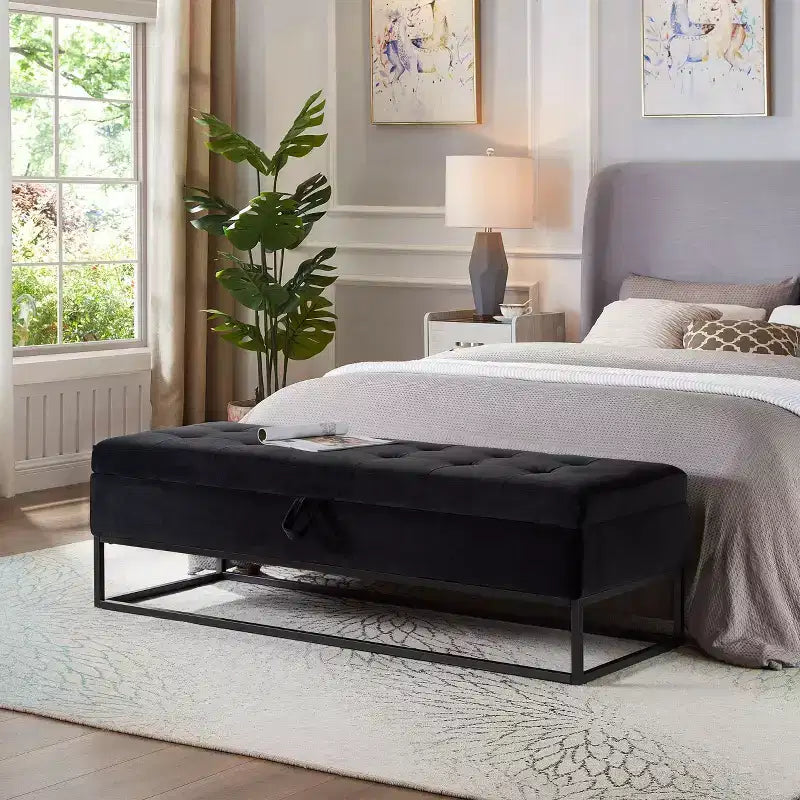 Panca Contenitore Ottomana in Velluto Beige / Nero / Grigio / Blu Marino / Rosa, Monoposto, 148,8 cm
