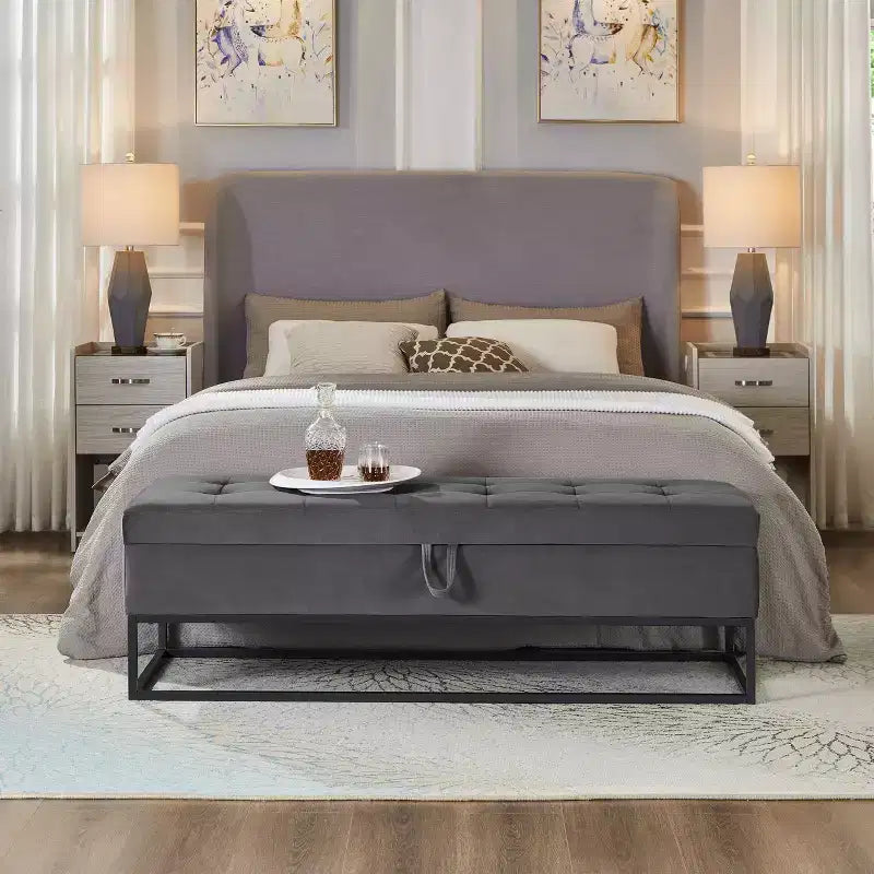Panca Contenitore Ottomana in Velluto Beige / Nero / Grigio / Blu Marino / Rosa, Monoposto, 148,8 cm
