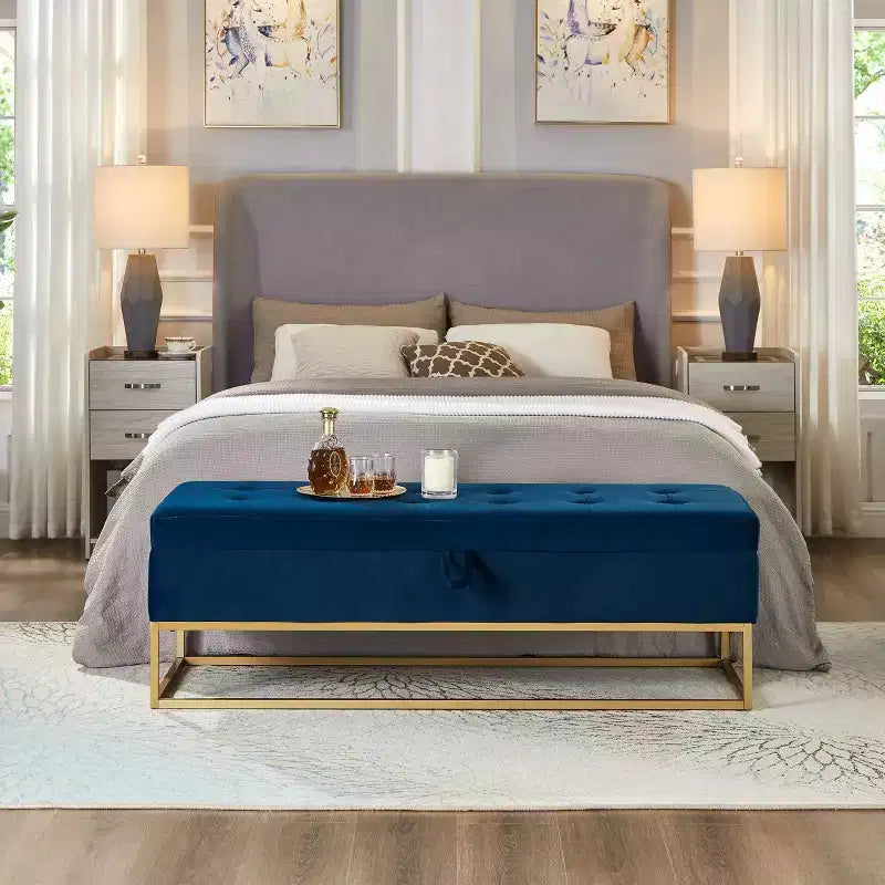 Panca Contenitore Ottomana in Velluto Beige / Nero / Grigio / Blu Marino / Rosa, Monoposto, 148,8 cm