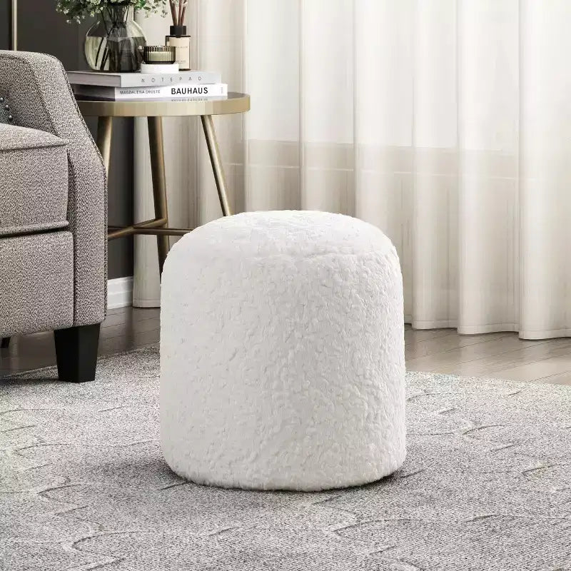 TUYOHW 17H Faux Fur Ottoman for Living Room,Round Footrest Stool Non-Slip Bean Bag Chair,300lbs Capacity,Off-White